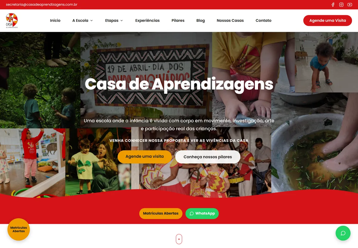 Site da Casa de Aprendizagens, escola de educação infantil com proposta pedagógica própria
