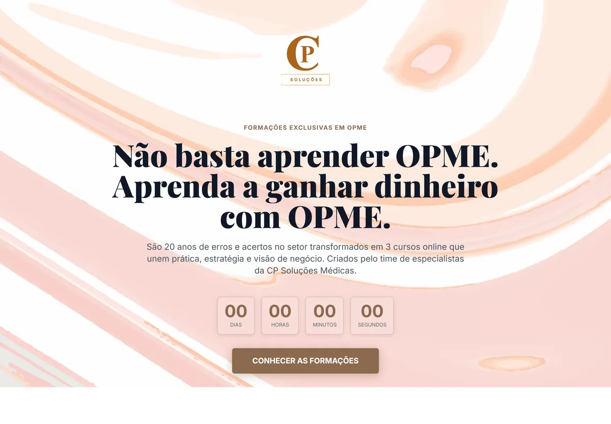Landing page da CP Soluções Médicas, cursos online sobre gestão de OPME