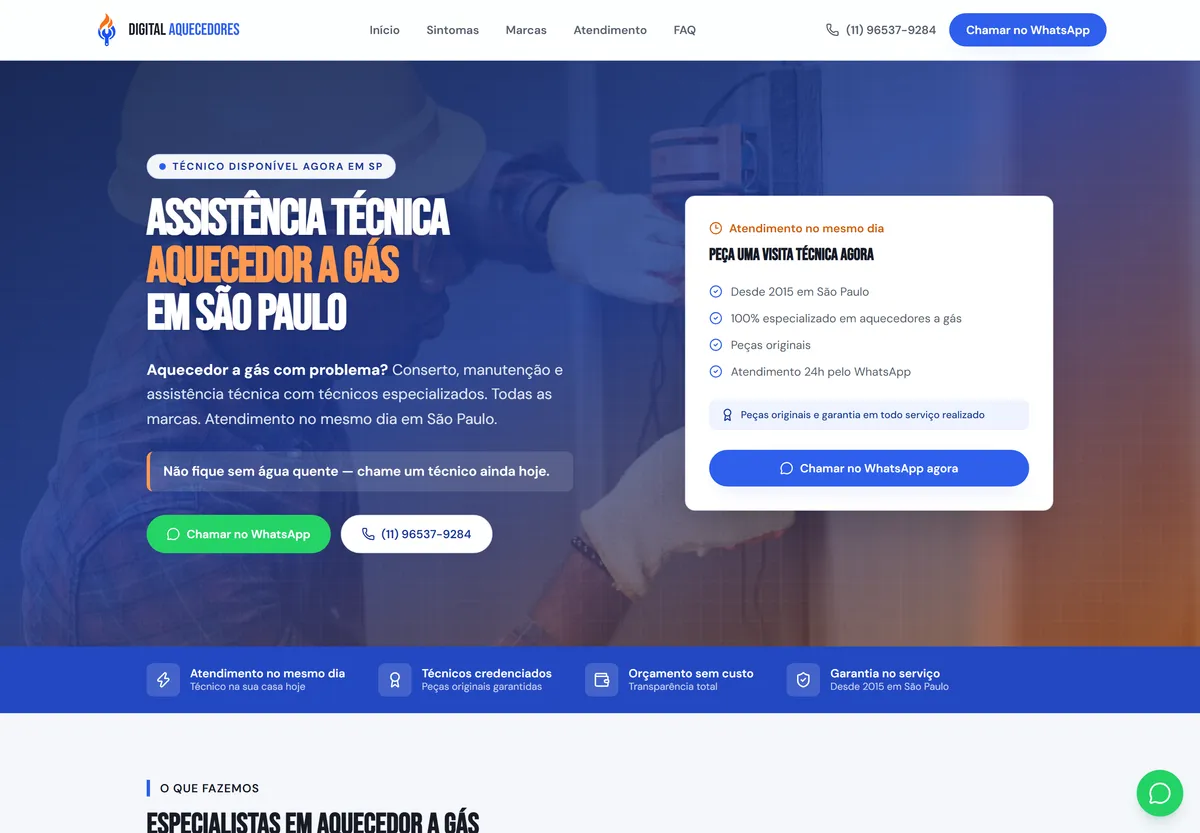 Site da Digital Aquecedores, assistência técnica de aquecedor a gás em São Paulo