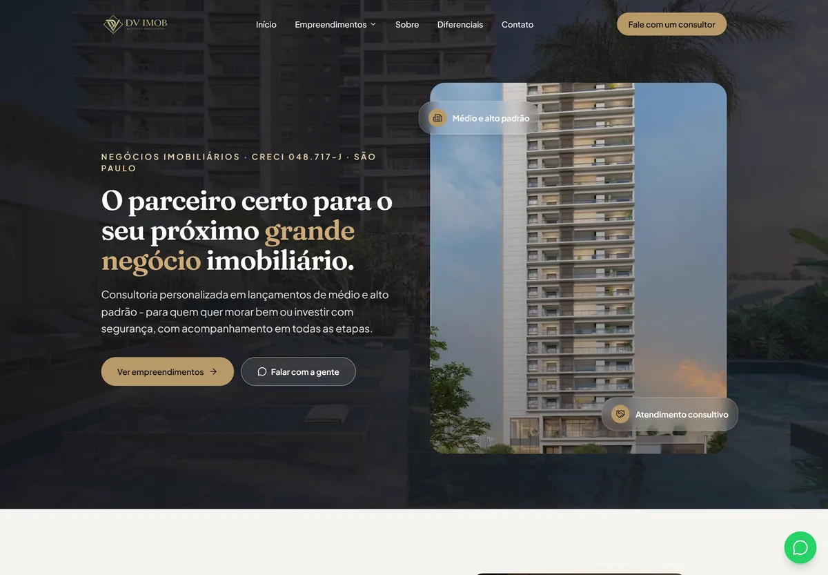 Site da DV Imob, consultoria em negócios imobiliários de médio e alto padrão em São Paulo