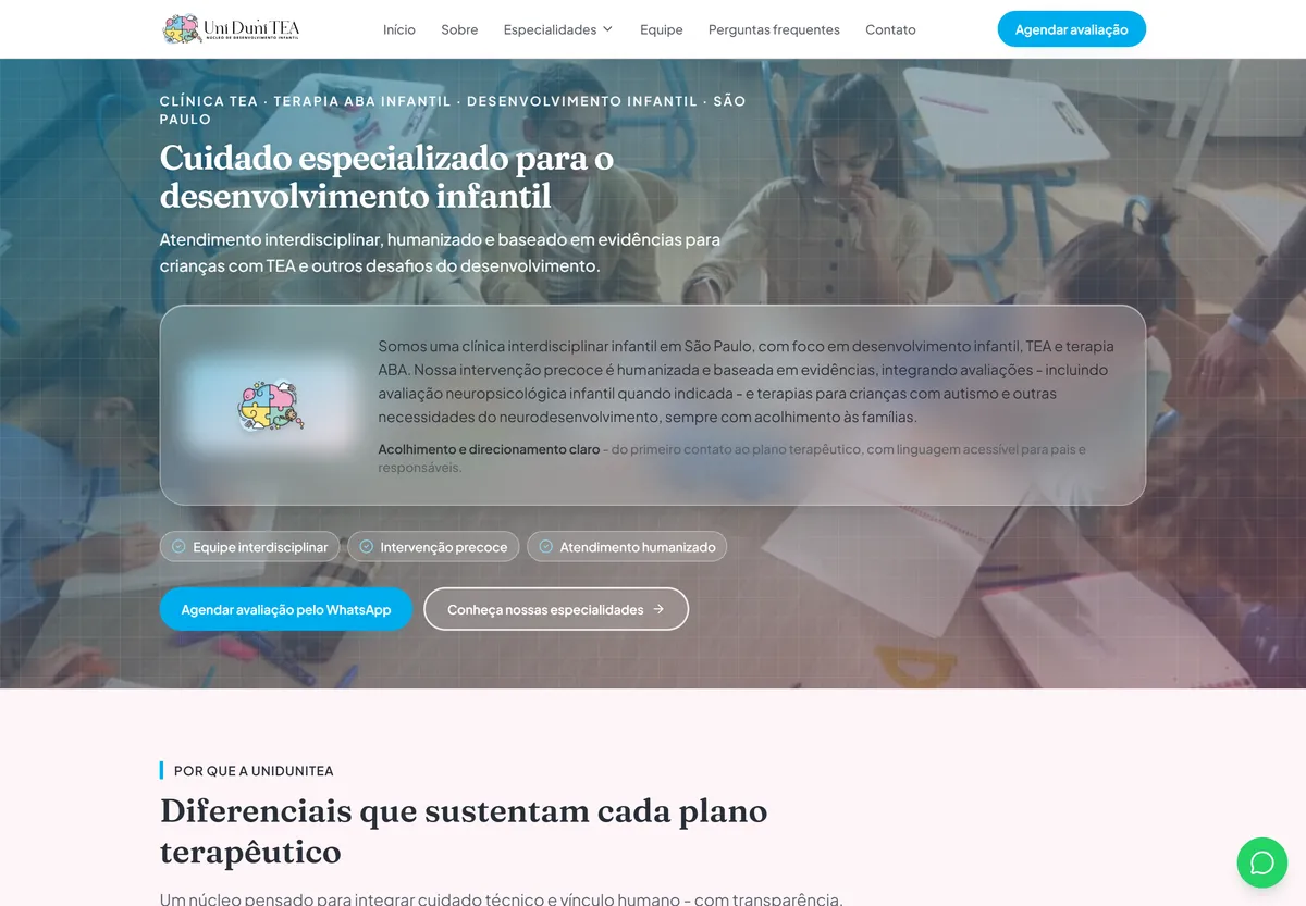 Site da UniDuniTEA, clínica de desenvolvimento infantil, TEA e terapia ABA em São Paulo